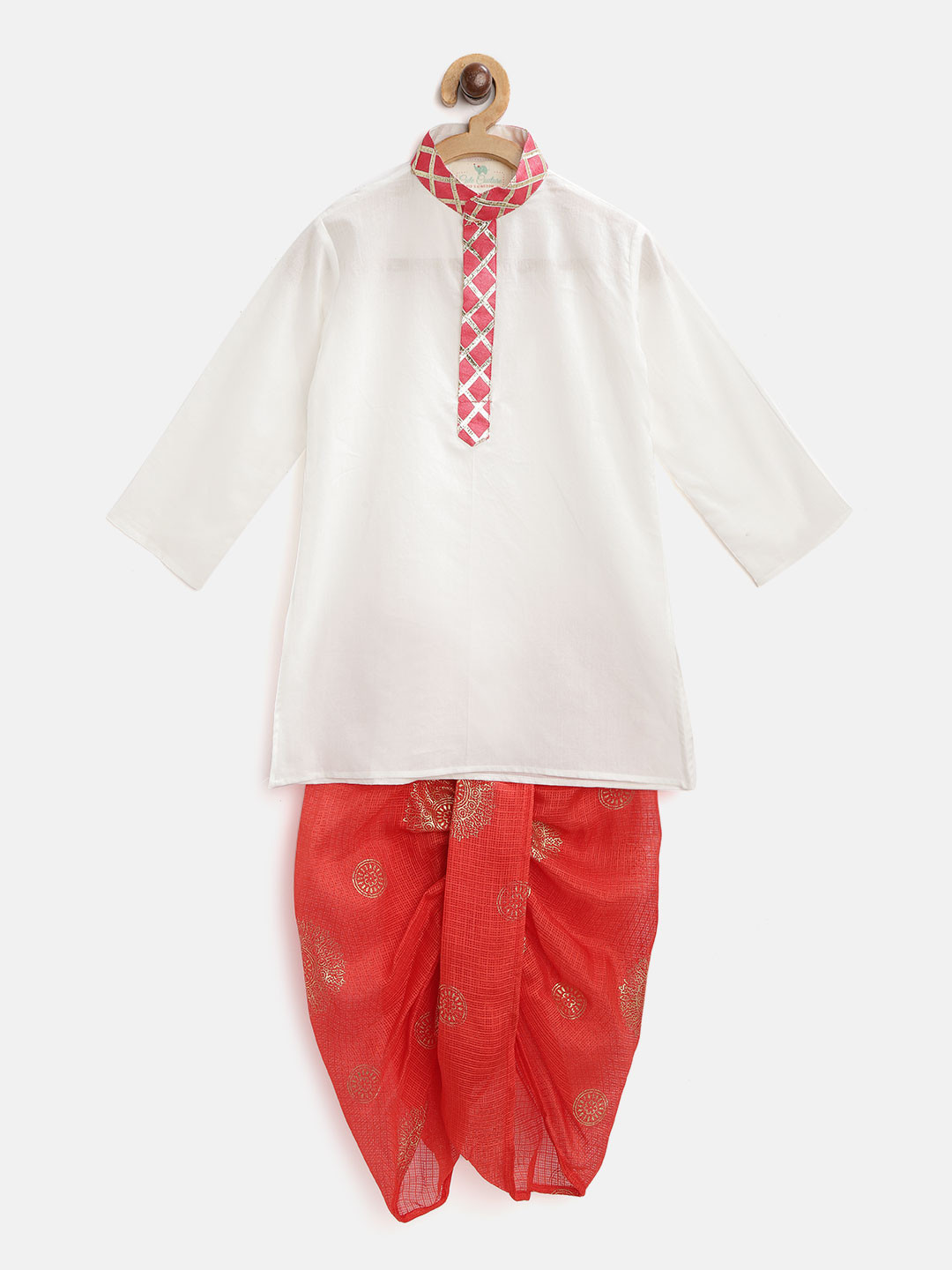 Cute Couture Boys White & Red Solid Kurta with Dhoti Pants