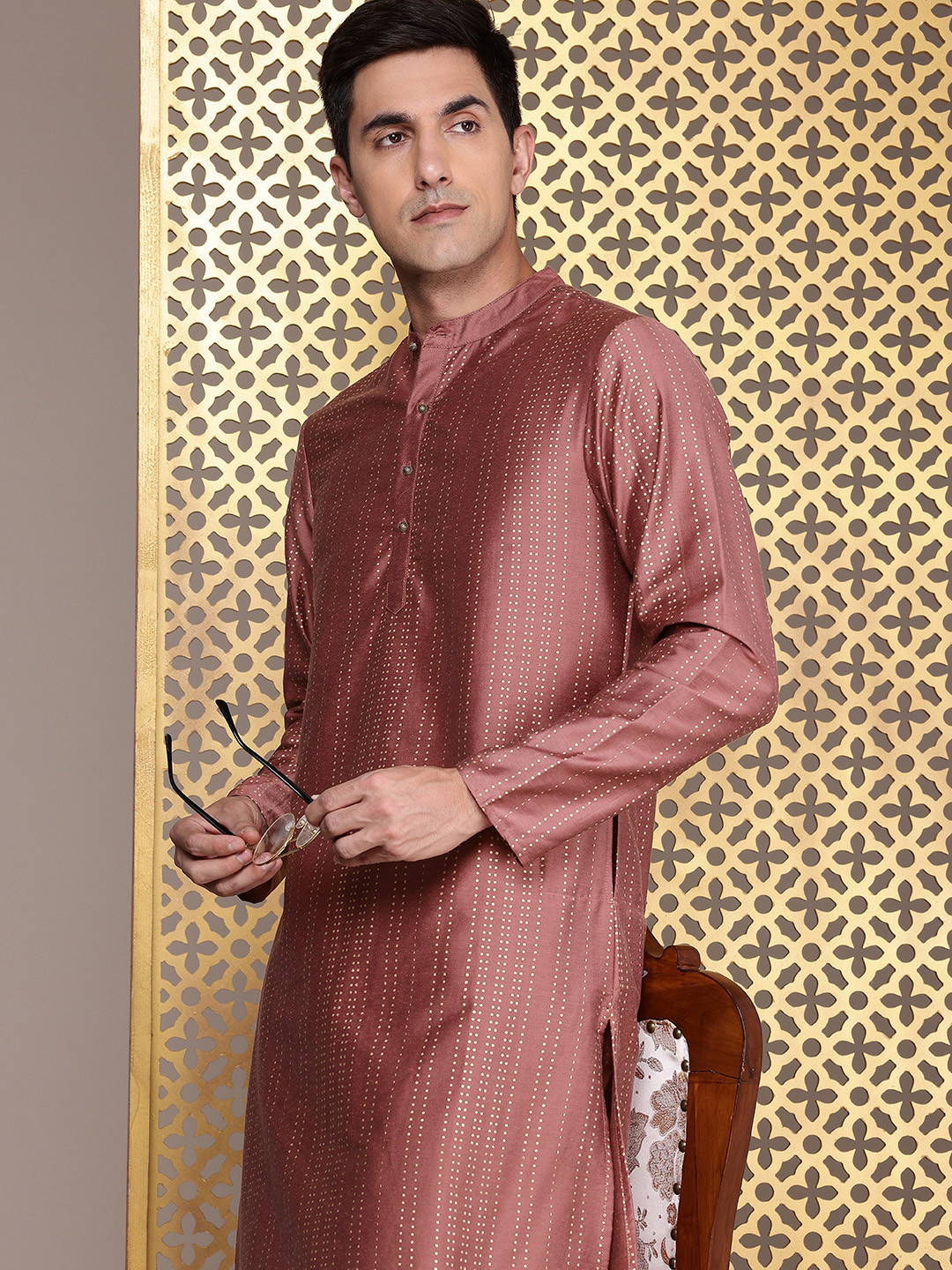 House of Pataudi Band Collar Striped Straight Rozana Kurta