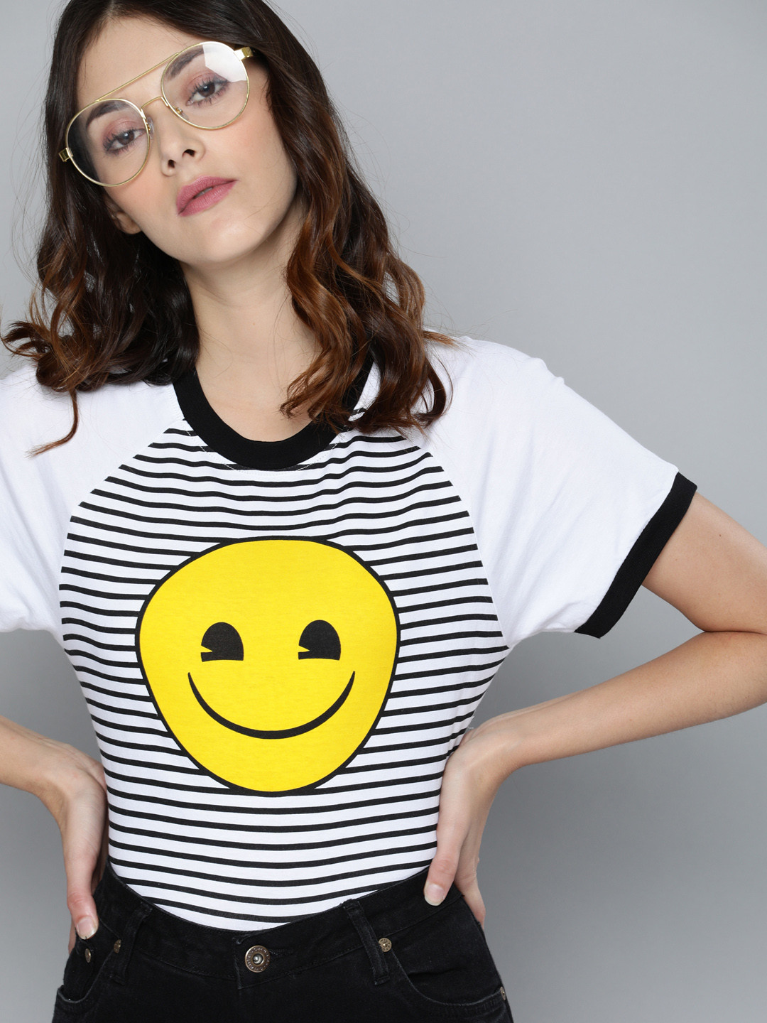 Kook N Keech Women White & Black Striped T-shirt With Raglan Sleeves