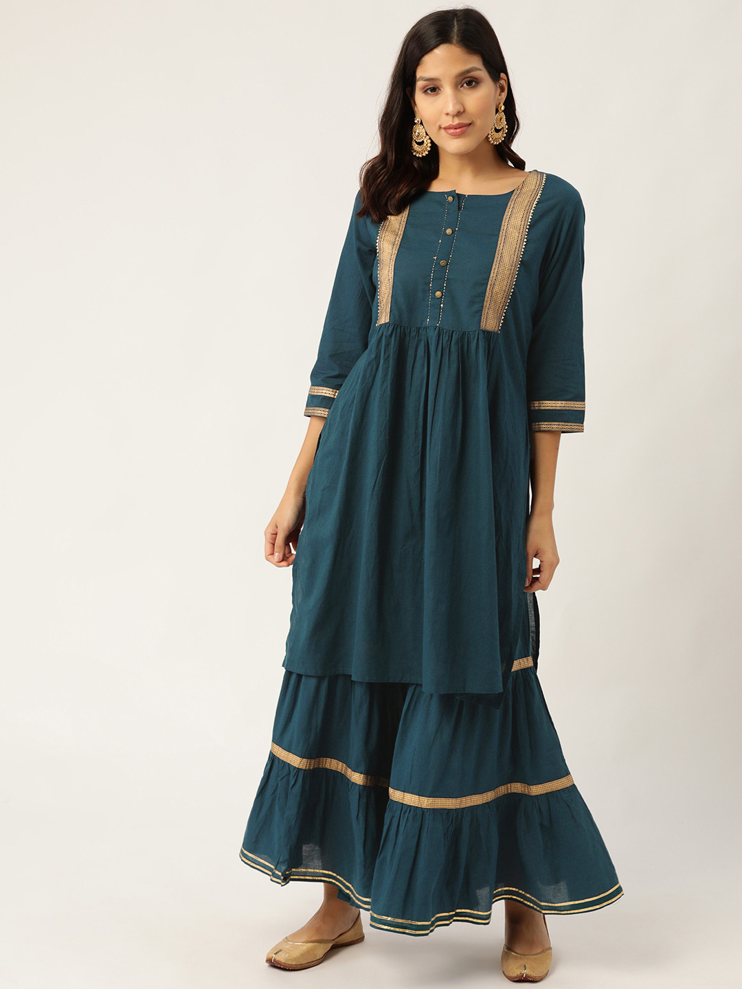 Sangria Women Teal & Blue Golden Yoke Design Kurta with Sharara