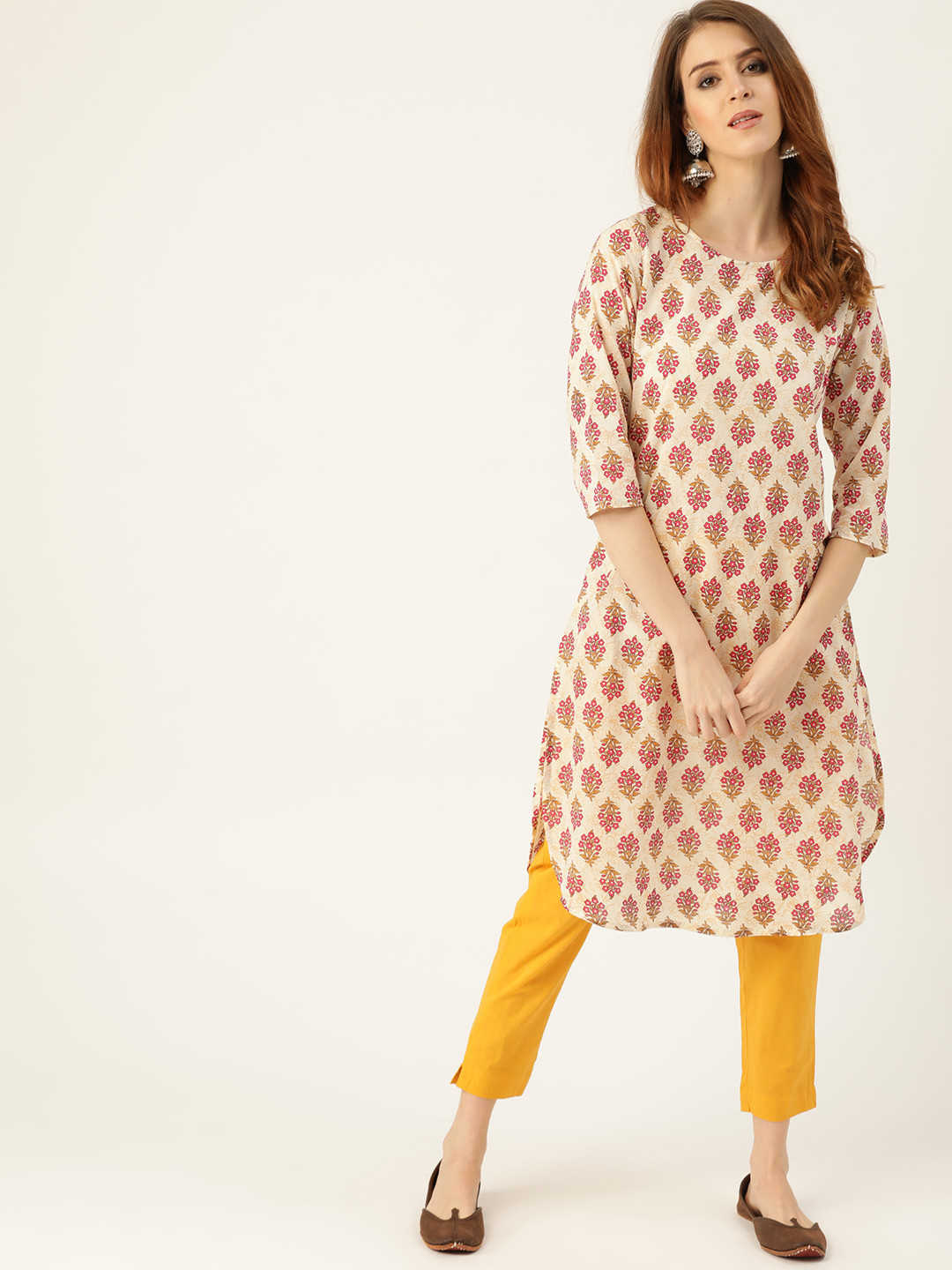 Sangria Women Off-White & Mustard Yellow Printed Kurta with Trousers