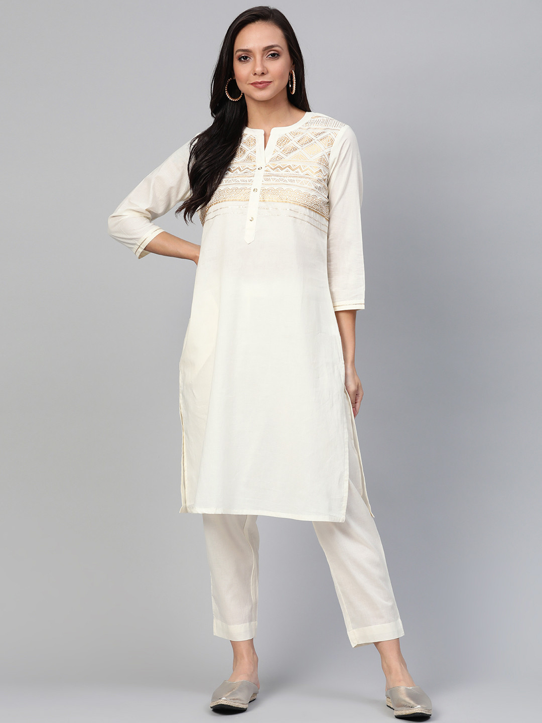 Sangria Women Off-White & Golden Yoke Design Kurta with Trousers