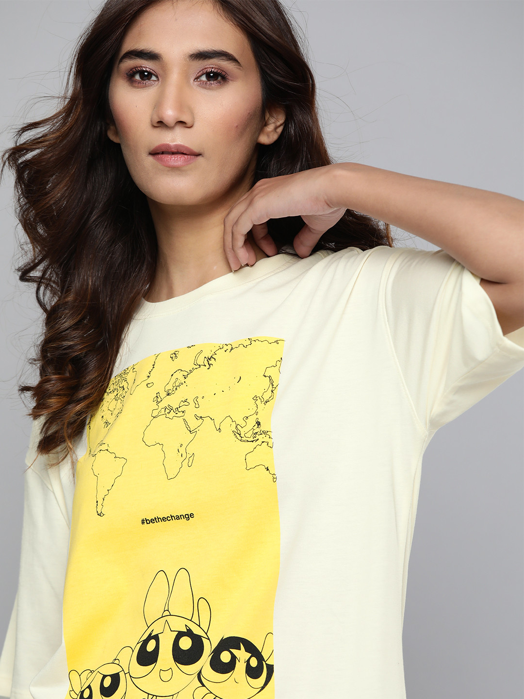 Powerpuff Girls by Kook N Keech Women Off-White Printed Oversized Longline T-shirt