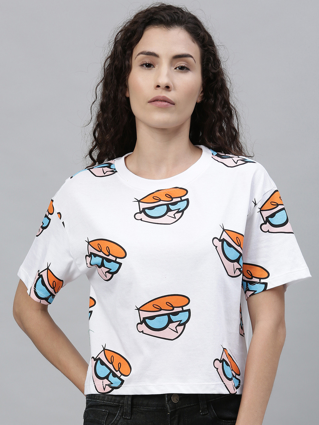 Dexter by Kook N Keech Women White Printed Boxy Round Neck T-shirt