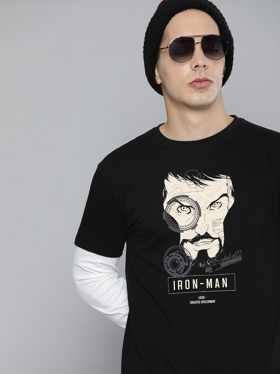 Kook N Keech Marvel Men Black Iron Man Printed Round Neck Pure Cotton T-shirt