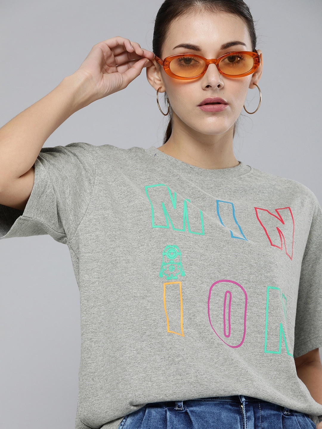 Minions by Kook N Keech Women Grey Melange Printed Oversized Round Neck Cotton T-shirt