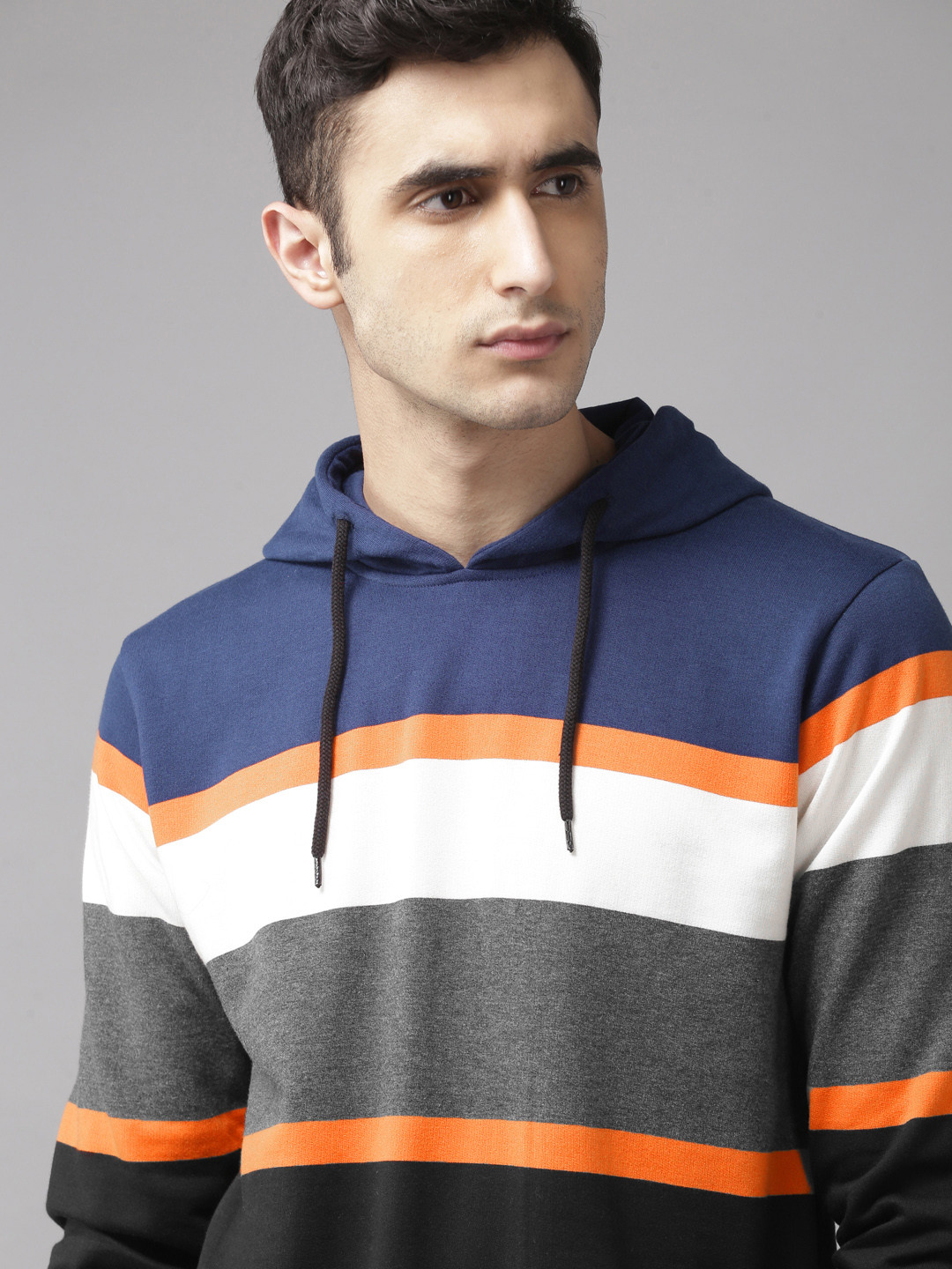 Roadster Men Navy Blue & Black Colourblocked Hooded Sweatshirt