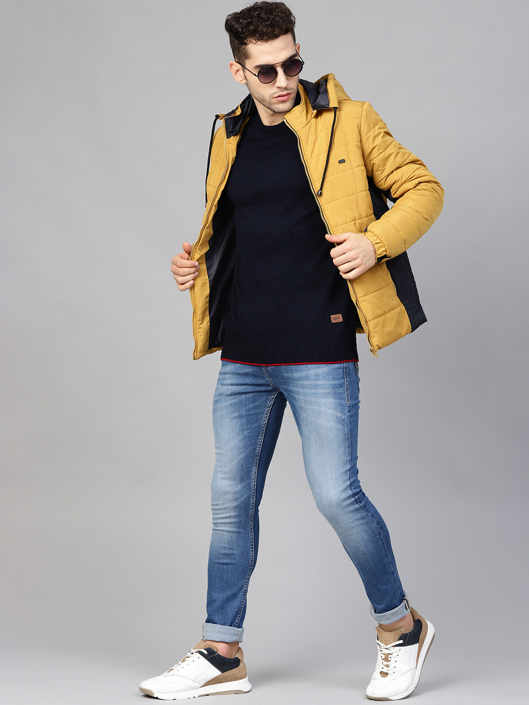 Roadster Men Mustard Yellow Solid Detachable Hooded Padded Jacket