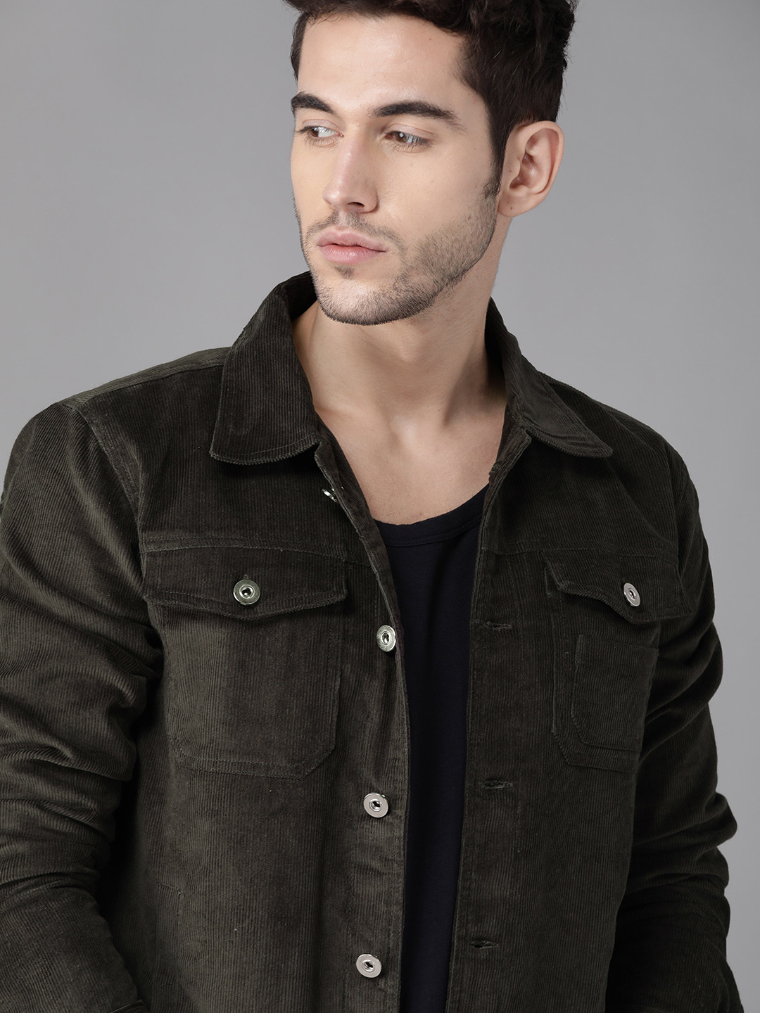 Roadster Men Green Solid Corduroy Tailored Jacket