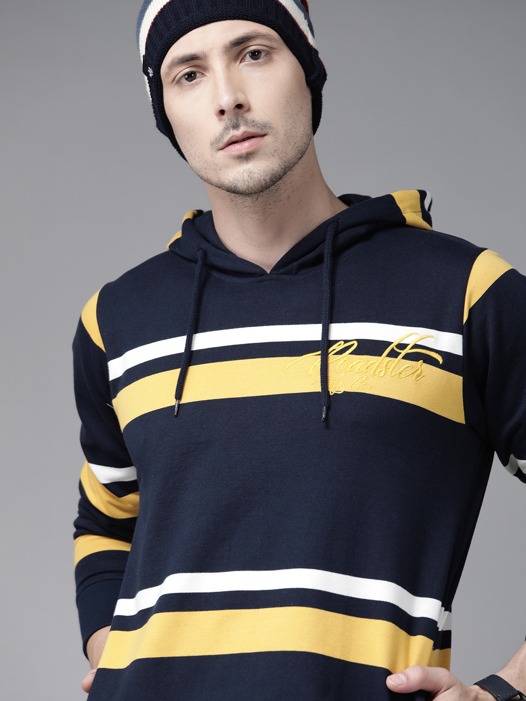 Roadster Men Navy Blue & Yellow Striped Hooded Sweatshirt