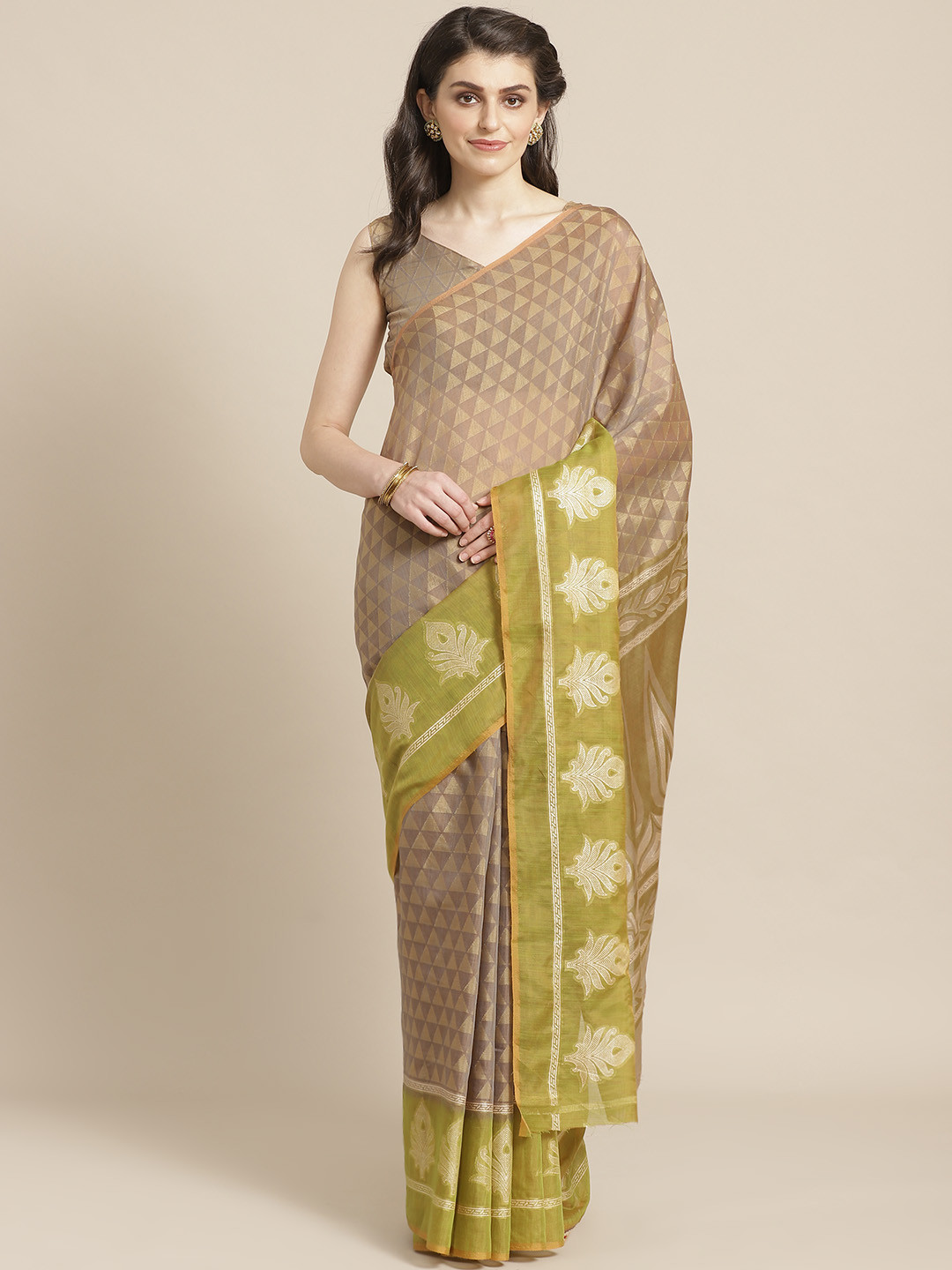 Saree mall Beige & Lime Green Woven Design Saree