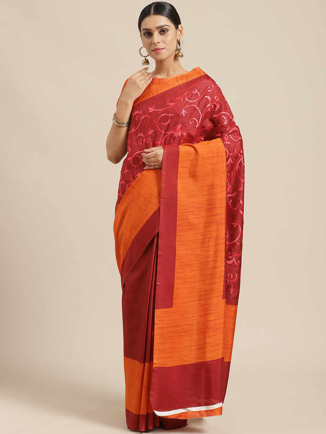 Saree mall Rust Red & Orange Embroidered Saree