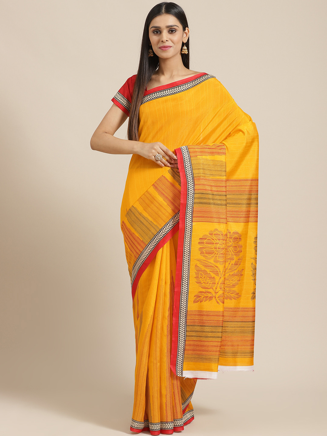 Saree mall Mustard Yellow & Red Printed Saree