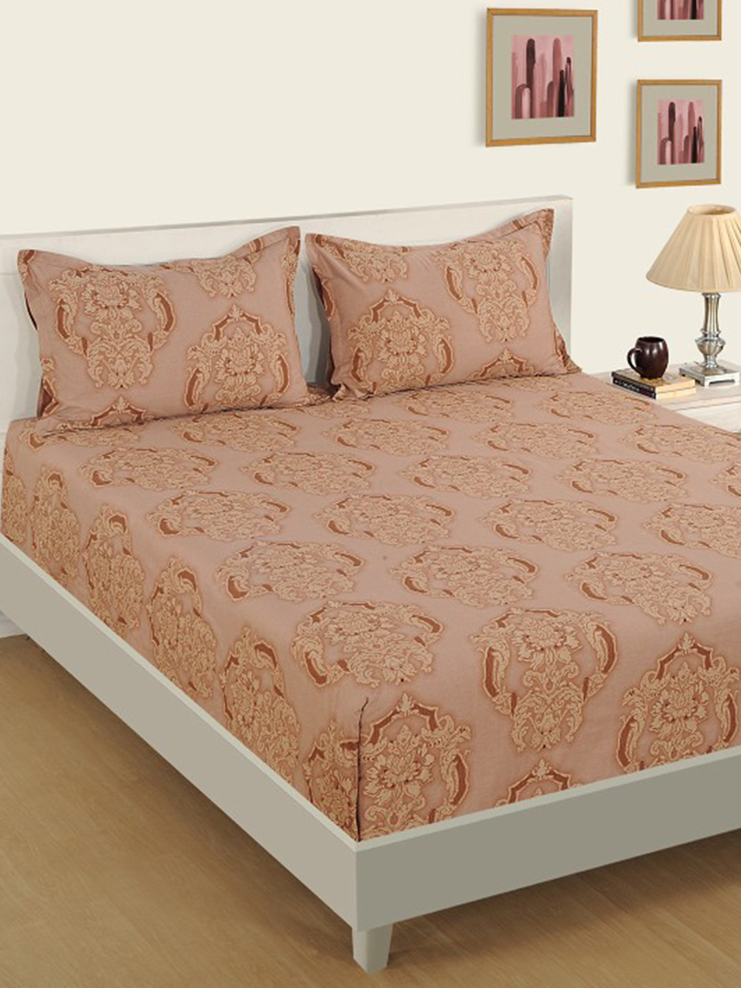 SWAYAM Tan Ethnic Motifs Cotton 600 TC King Superfine Bedsheet with 2 Pillow Covers-108 x 108 inches