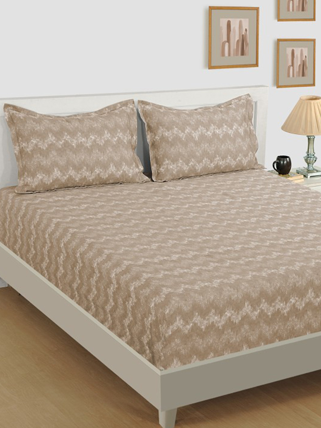 SWAYAM Brown Chevron Cotton 600 TC Queen Superfine Bedsheet with 2 Pillow Covers-90 x 108 inches