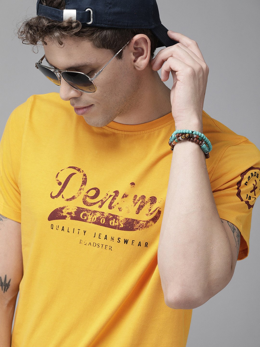 Roadster Men Yellow Printed Round Neck  Cotton T-shirt