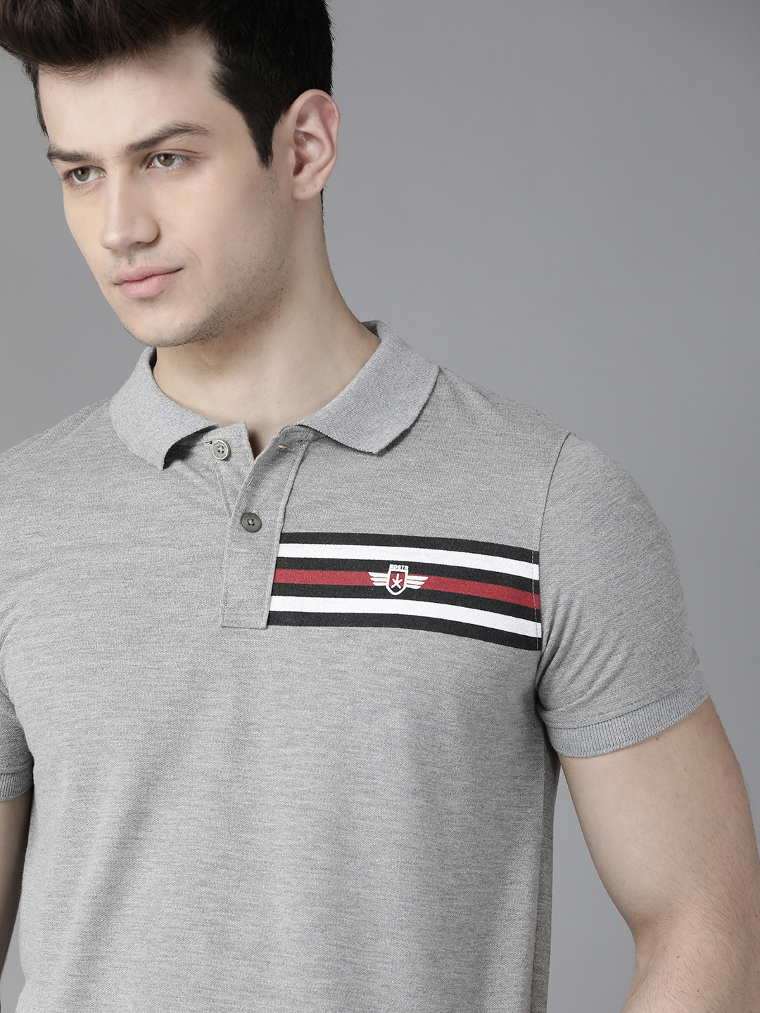 Roadster Men Grey Melange Solid Polo Collar T-shirt with Striped Detail