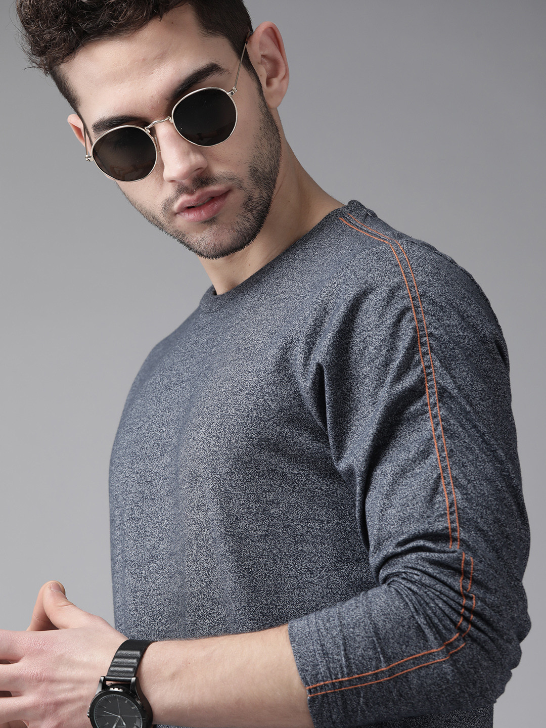 Roadster Men Navy Blue Self-Design Round Neck T-shirt