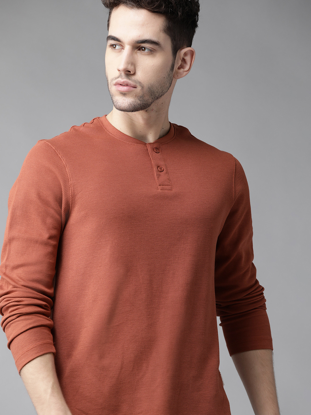 Roadster Men Rust Orange Self Design Henley Neck T-shirt