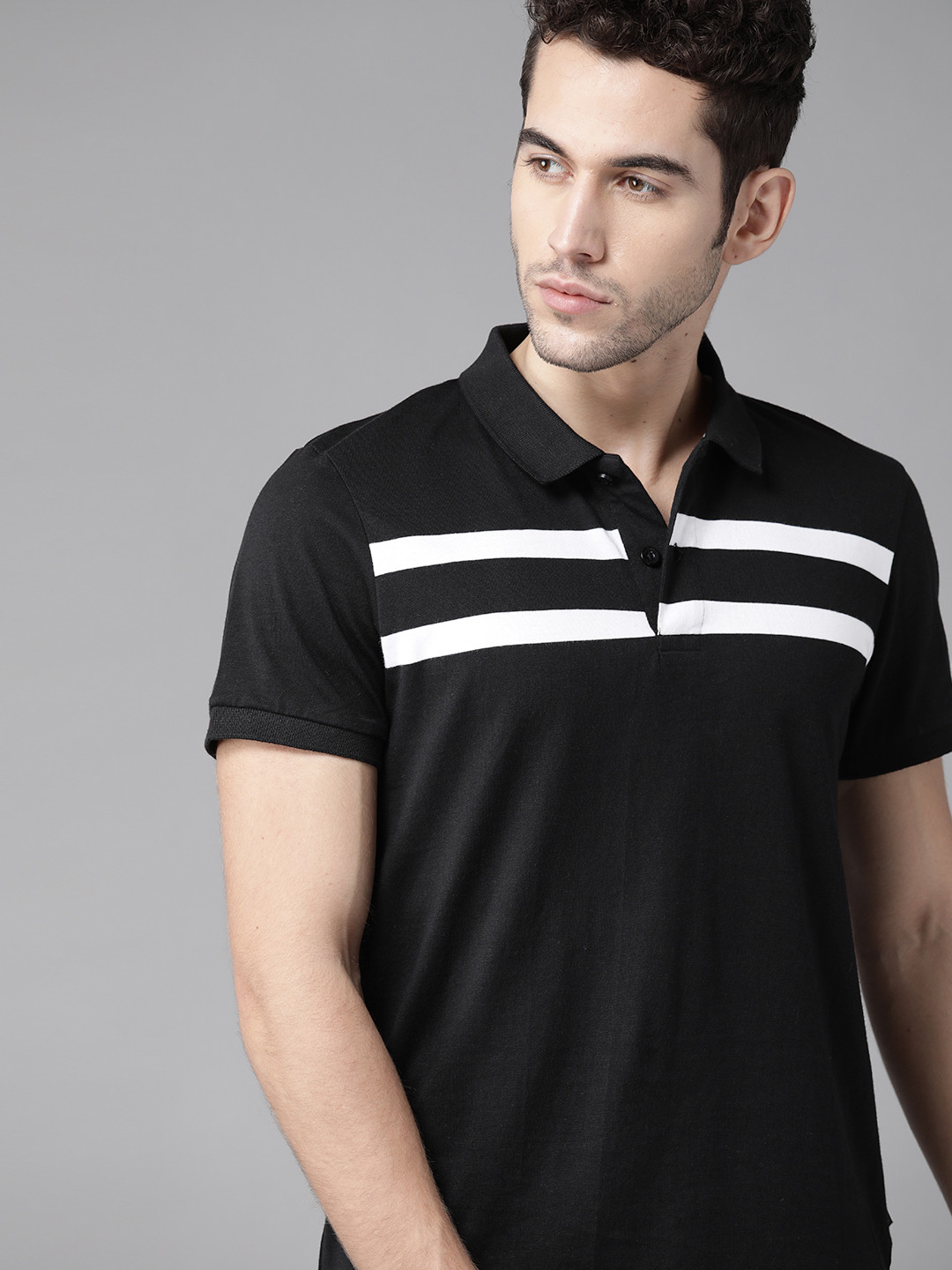 Roadster Men Black & White Striped Polo Collar T-shirt