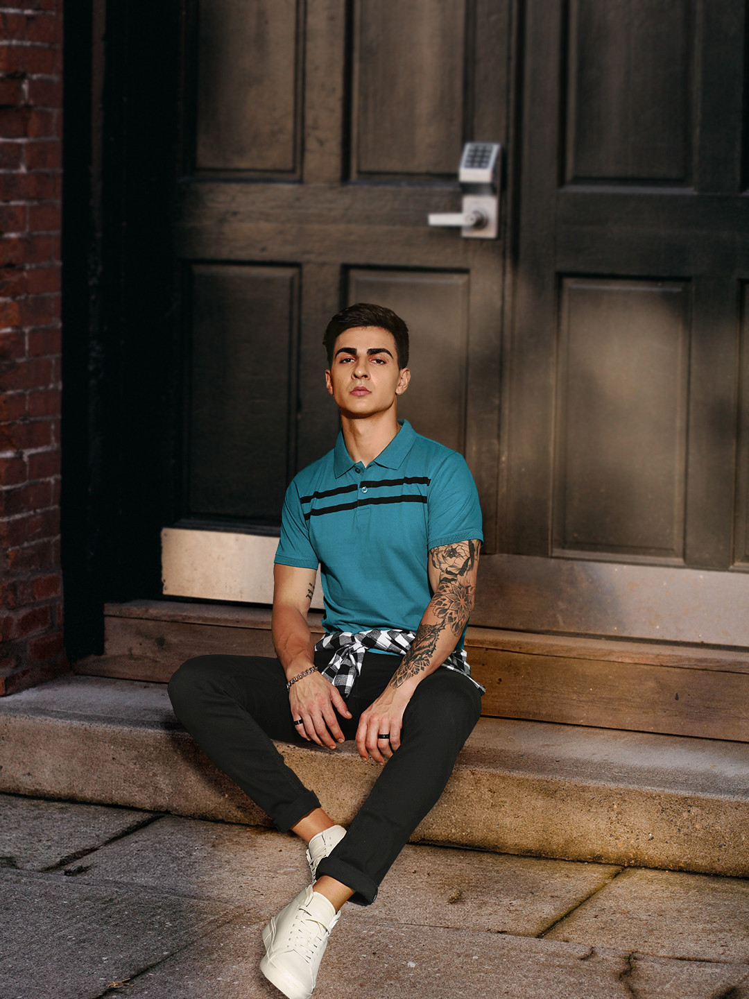 Roadster Men Teal Blue & Black Polo Collar T-Shirt With Printed Stripes