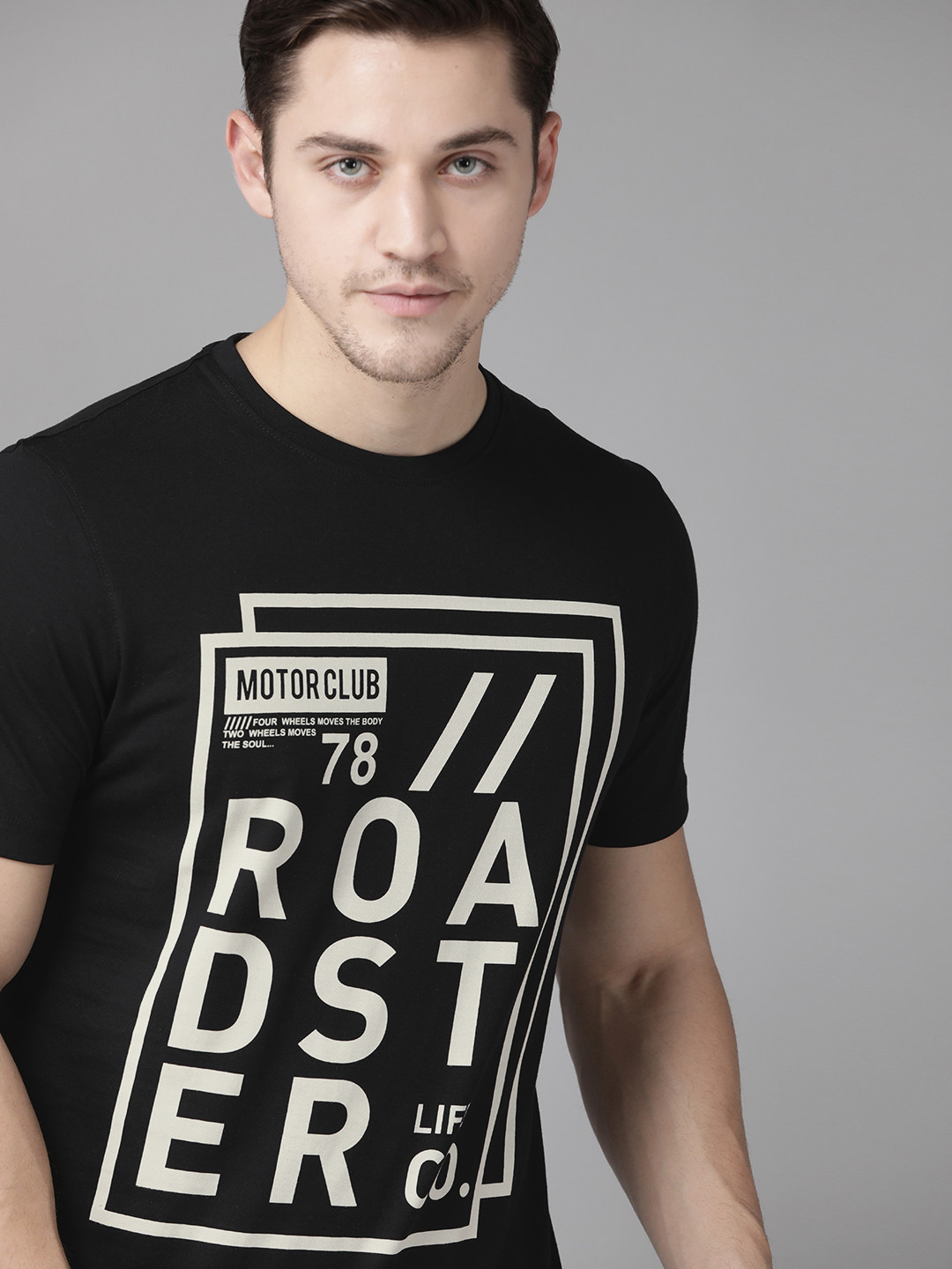 Roadster Men Black  White Pure Cotton Brand Logo Printed Round Neck Pure Cotton T-shirt