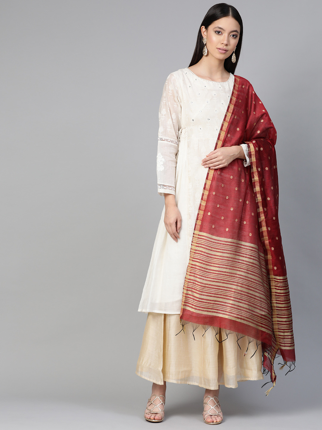 Indo Era Maroon & Golden Woven Design Dupatta