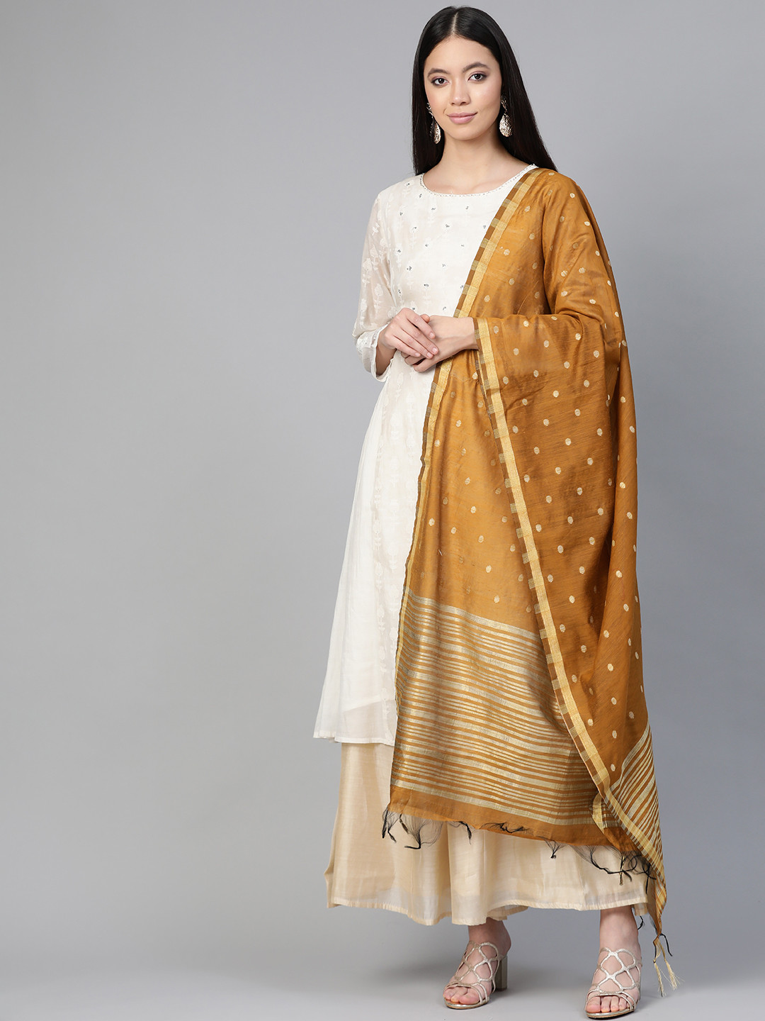 Indo Era Brown & Golden Woven Design Dupatta