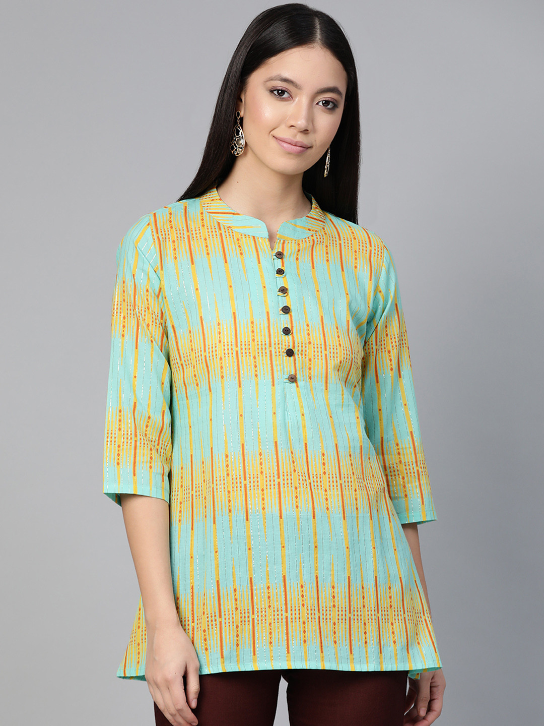 Indo Era Sea Green & Yellow Printed Pure Cotton A-Line Kurti