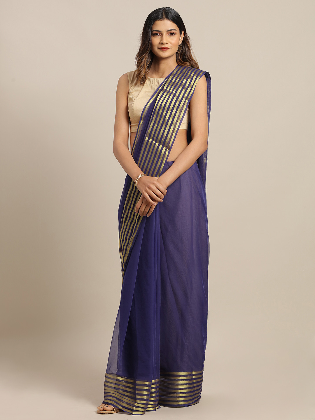 MOKSHA DESIGNS Navy Blue Solid Pure Chiffon Saree