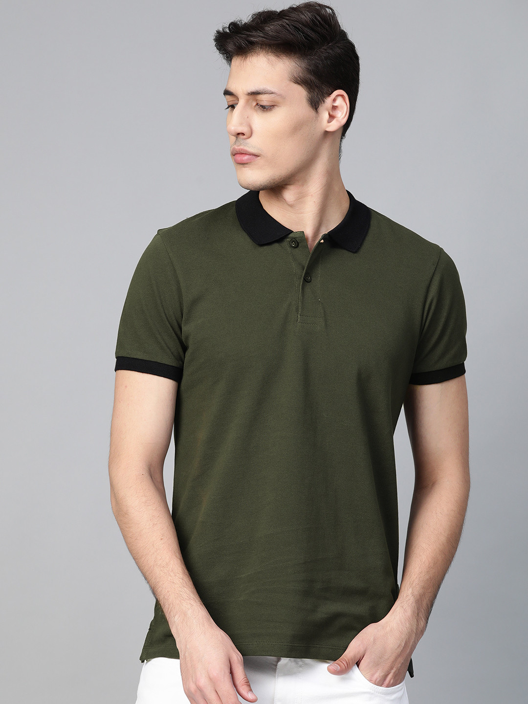 Roadster Men Olive Green Polo Collar Cotton Cotton T-shirt
