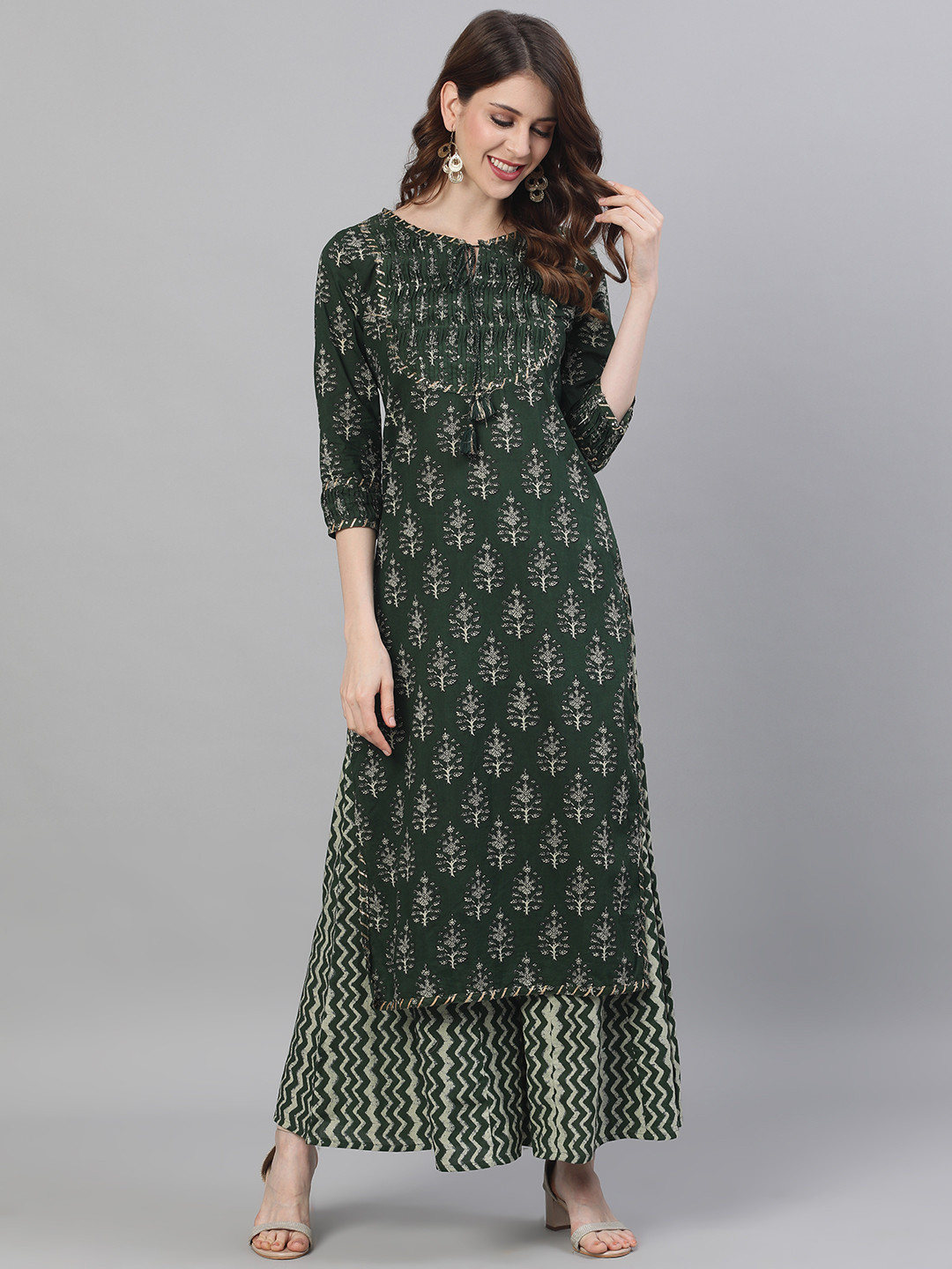 Ishin Women Olive Green  Beige Printed Tuck Detailed Kurta  Palazzos