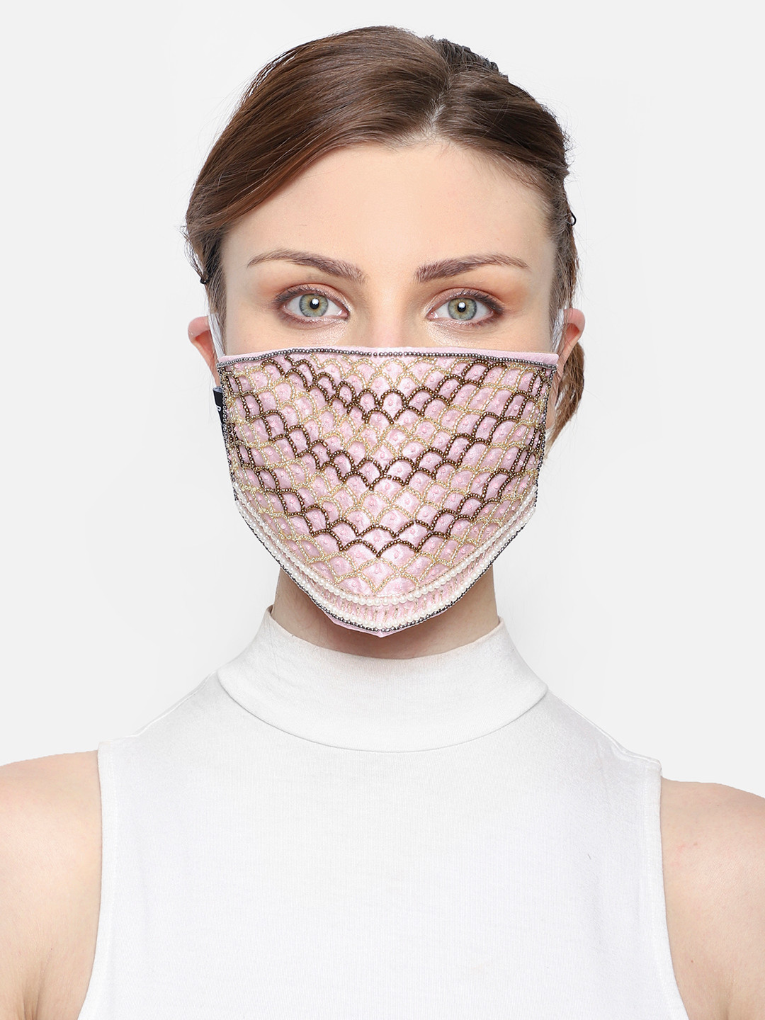 Anekaant Women Pink Art Silk Embellished 3-Ply Reusable Cloth Mask