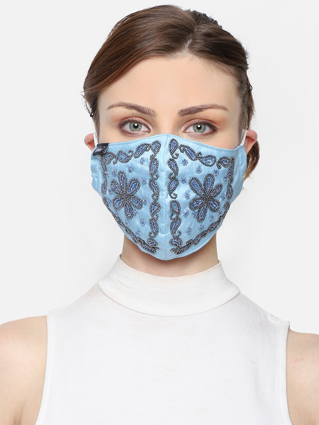 Anekaant Women Blue Art Silk Embellished 3-Ply Reusable Cloth Mask