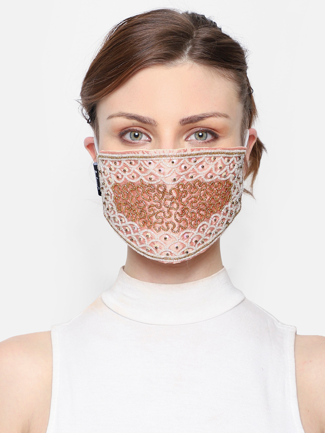 Anekaant Women Peach-Coloured Art Silk Embellished 3-Ply Reusable Cloth Mask