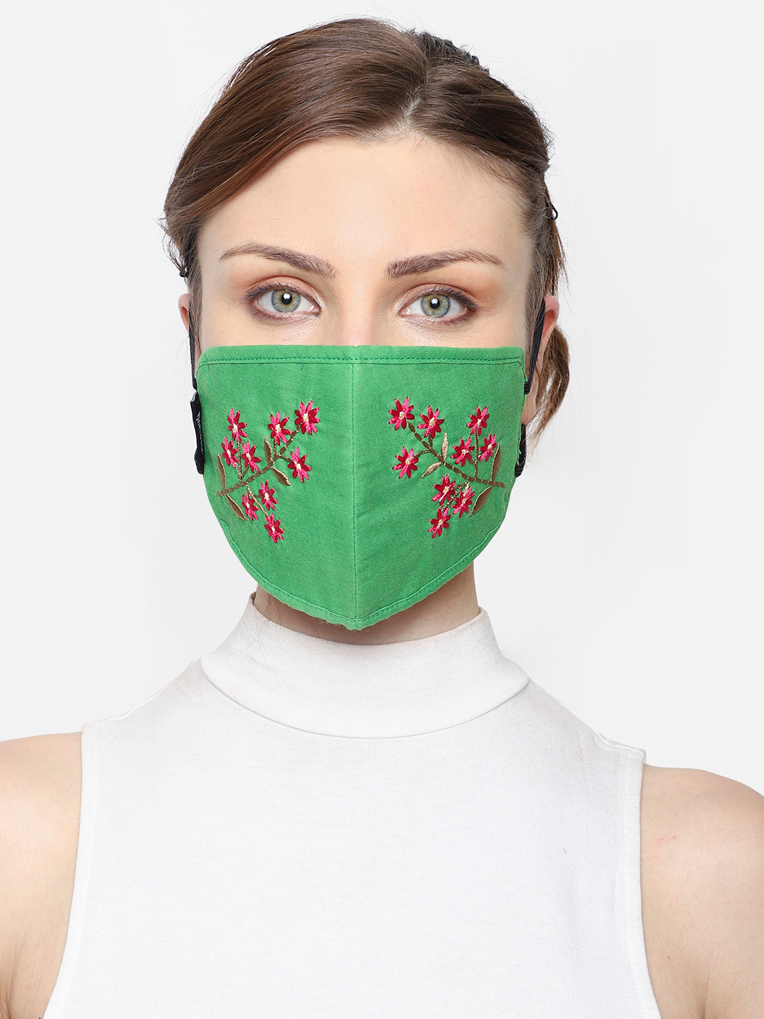 Anekaant Women 3-Ply Green Floral Embroidered Cloth Mask