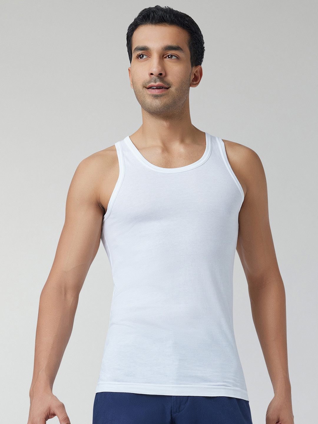 XYXX Men Solid ACE Cotton Modal White Round Neck Innerwear Vest
