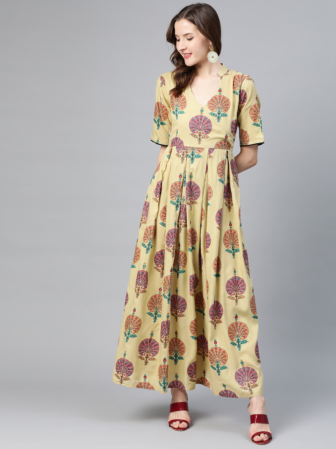 Idalia Women Beige & Pink Printed Angrakha Style Maxi Dress