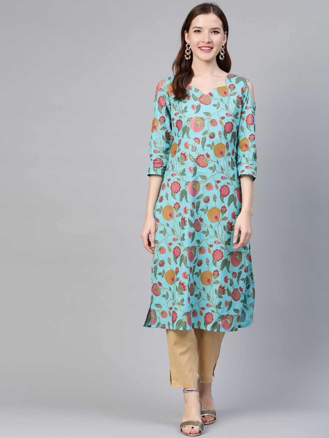 Idalia Women Turquoise Blue & Pink Cold-Shoulder Floral Print Straight Kurta