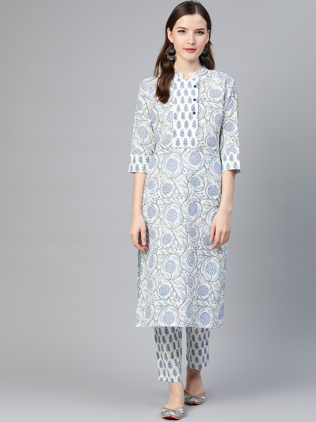 Idalia Women White & Blue Printed Kurta with Trousers