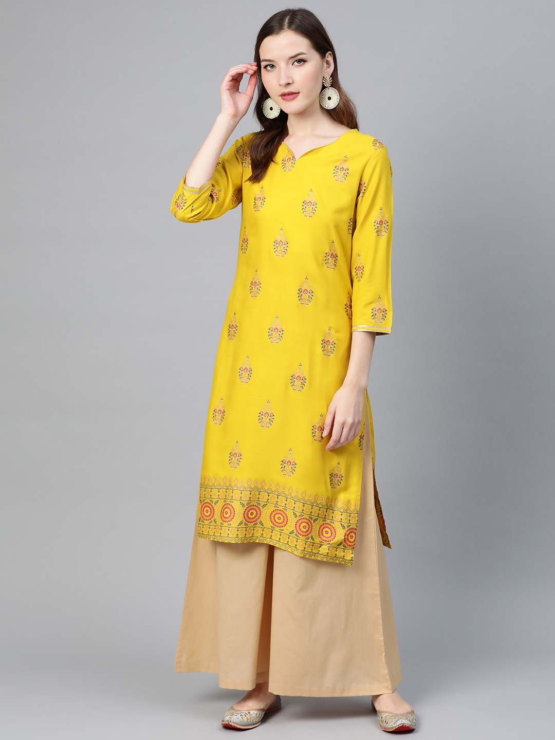 Idalia Women Mustard Yellow & Beige Printed Kurta with Palazzos