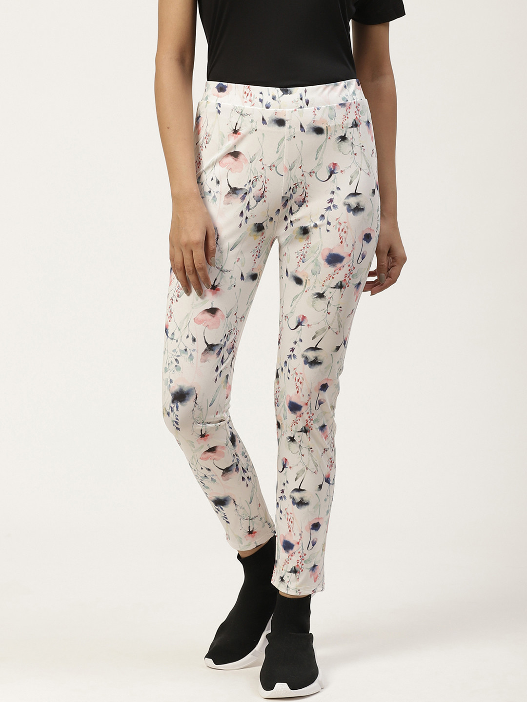 ANTS Women White & Blue Floral Print Yoga Tights
