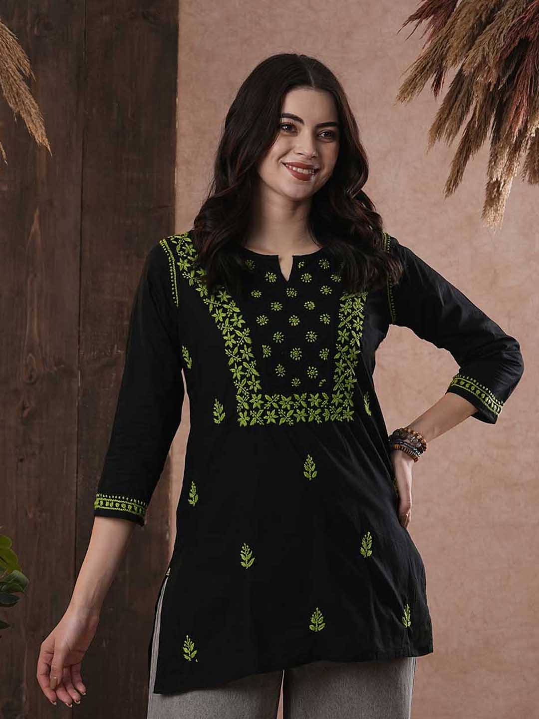 ADA Women Black & Green Chikankari Embroidered Pure Cotton Straight  Handloom Kurti