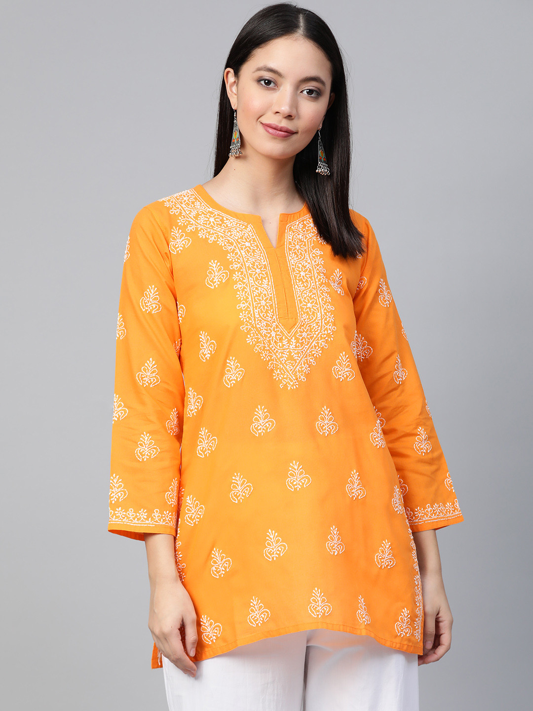 ADA Women Orange & White Chikankari Embroidered Pure Cotton Straight Kurti