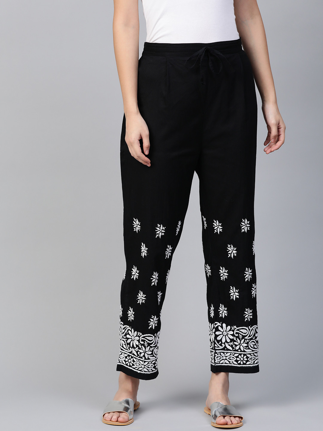 ADA Women Black & White Chikankari Hand Embroidered Straight Sustainable Handloom Palazzos