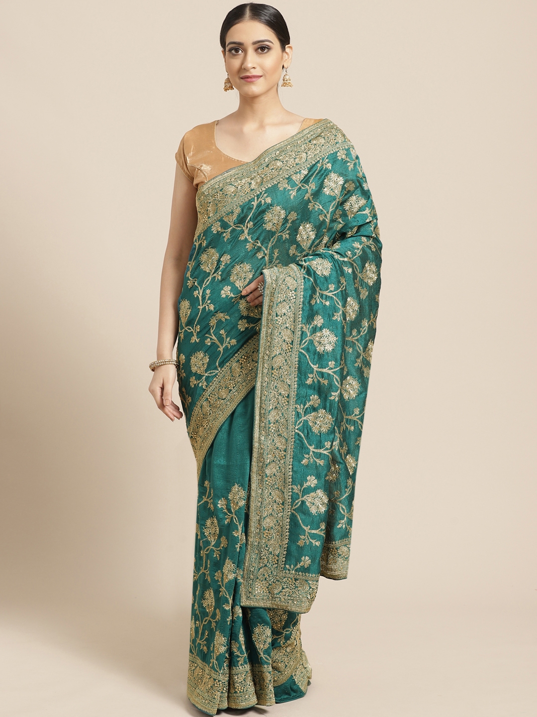PACHE Teal Green Golden Zari Floral Embroidered Saree