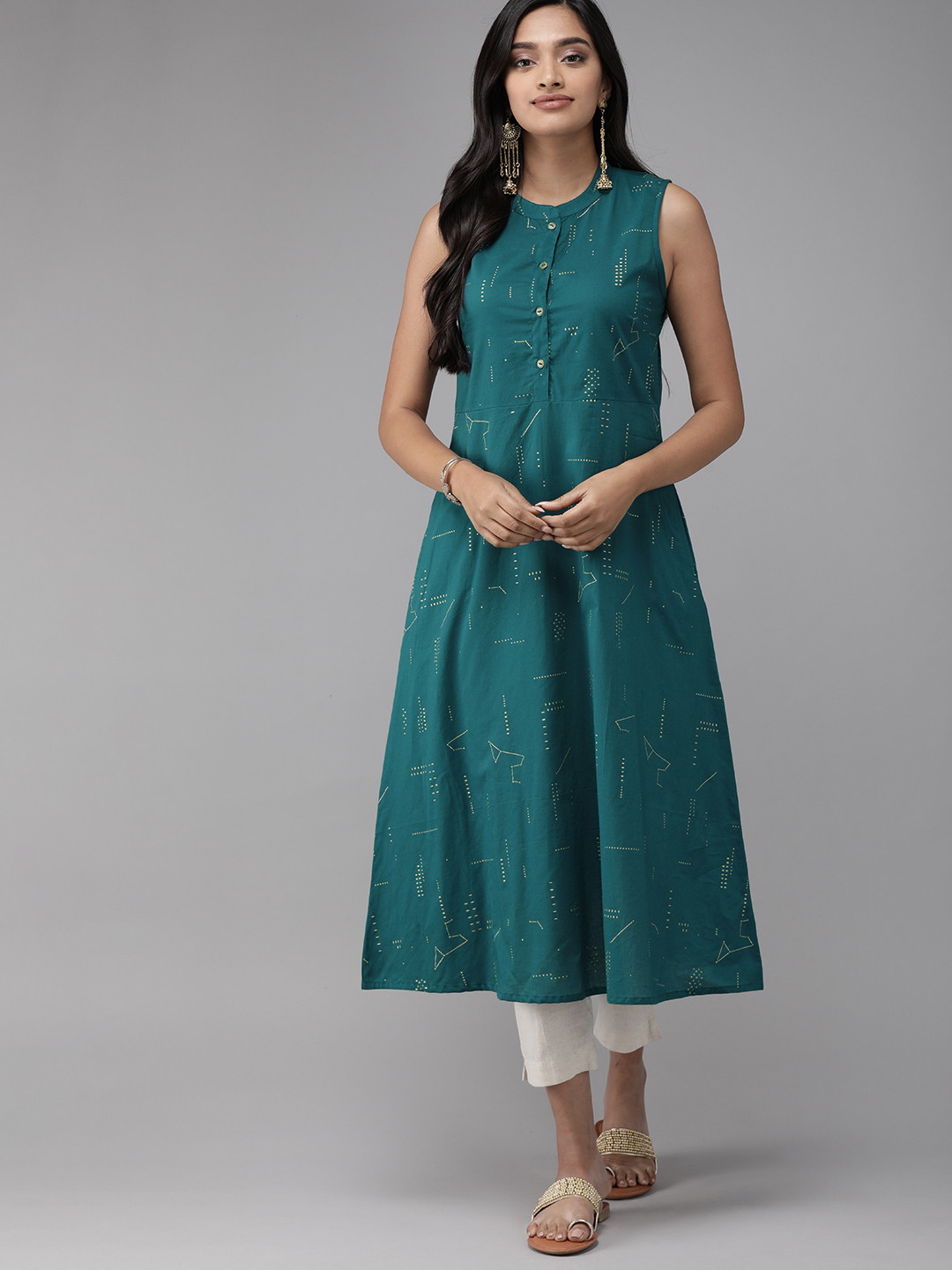 Anouk Teal Green Geometric Printed Pure Cotton Fit and Flare Dress