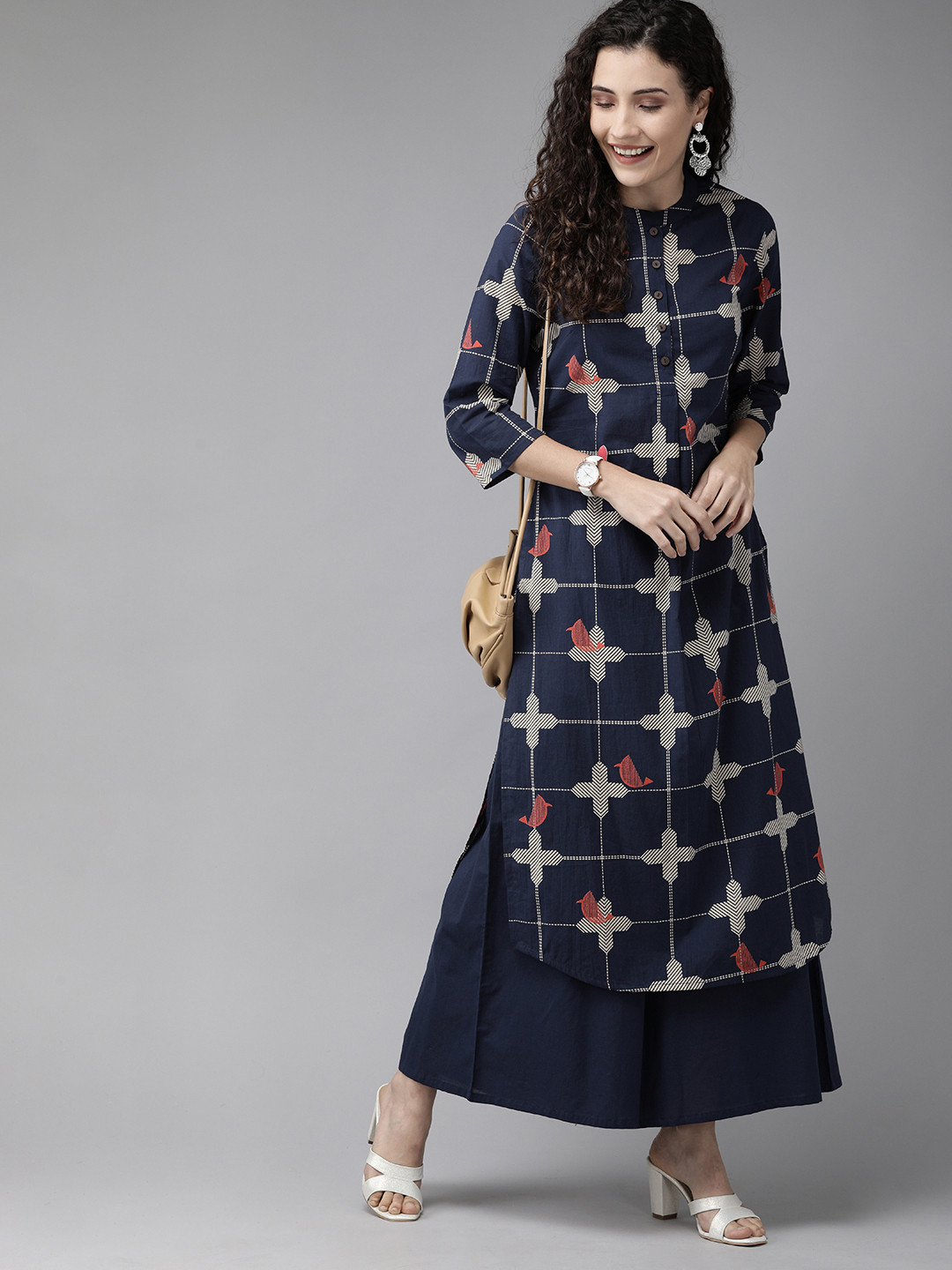 Anouk Women Navy Blue & Beige Printed Kurta with Palazzos