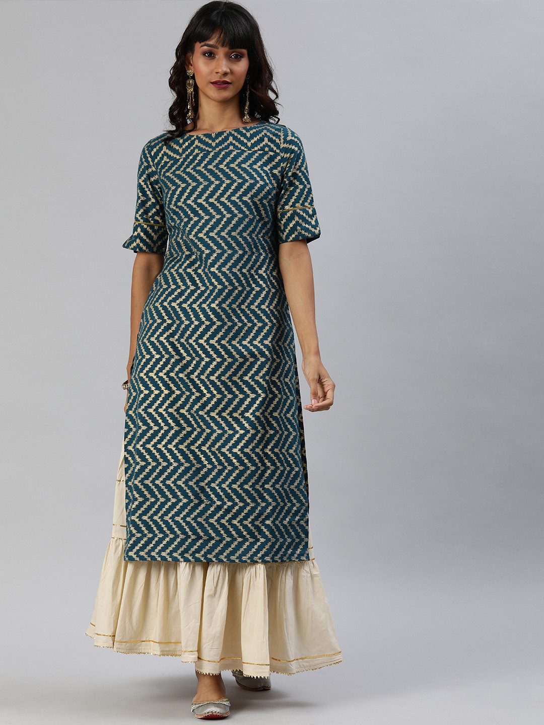 Anouk Women Teal Blue & Golden Printed Boat Neck Straight Kurta