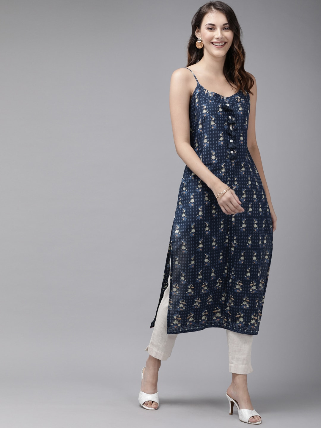 Anouk Women Navy Blue & Beige Printed Straight Kurta